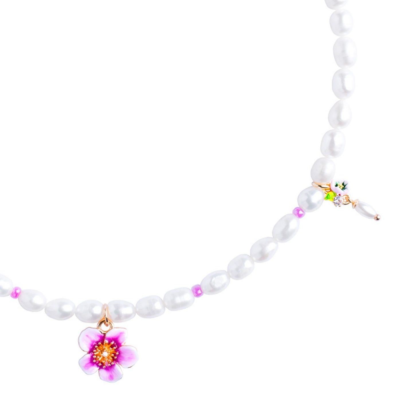 Plumeria Flower Beaded Pearls Necklace With Pink Flower Charms
