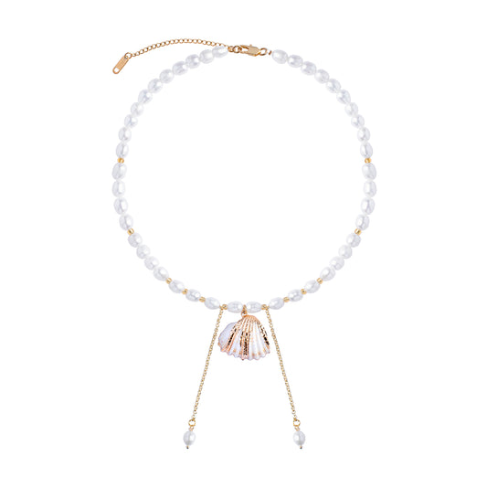 Freshwater Pearls Necklace with Natural Seashell and Hanging Chain Charms