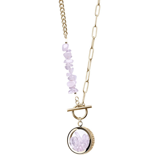 Toggle Clasp Rose Quartz Gold Plated Necklace With Beaded Chain And Charm