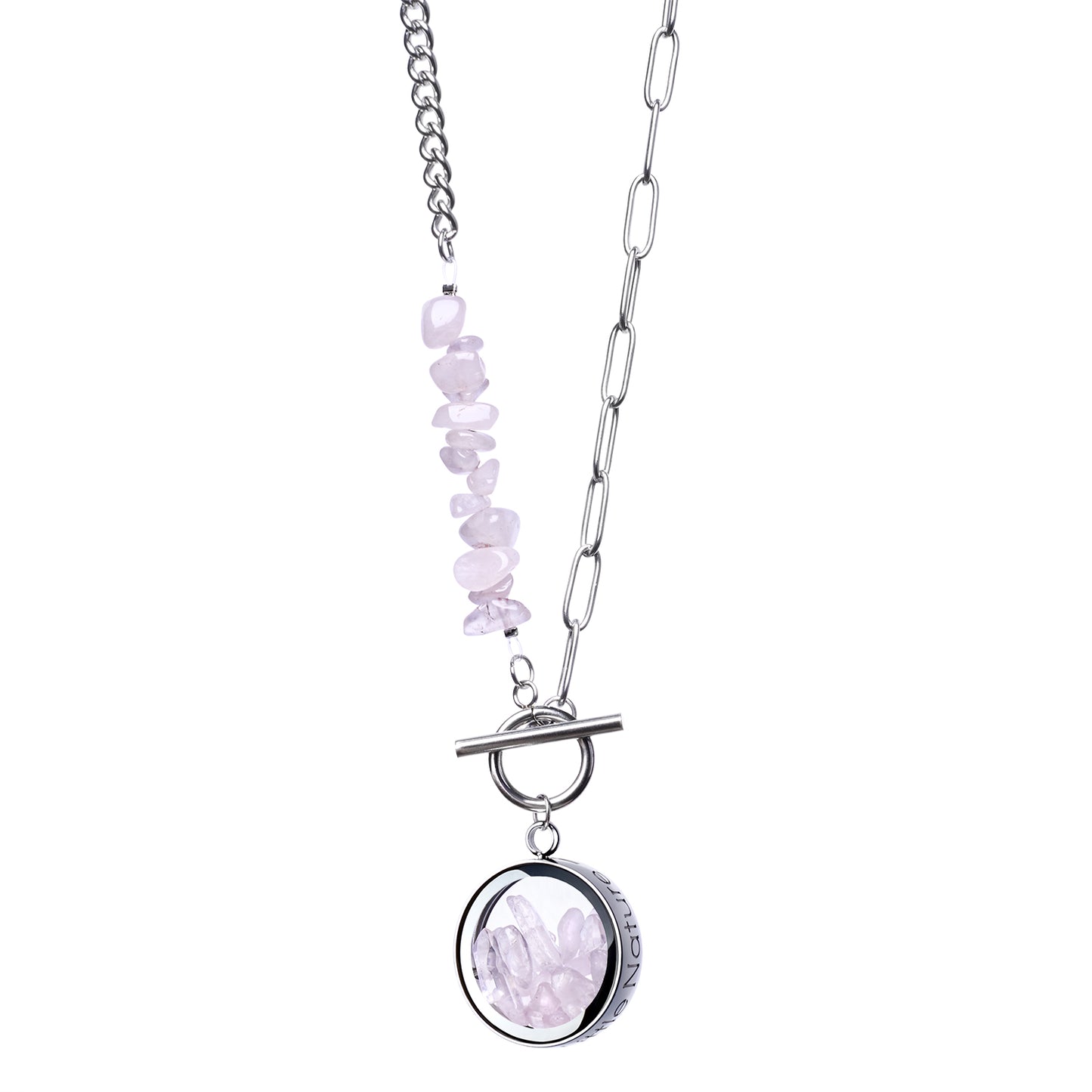 Toggle Clasp Rose Quartz Necklace With Beaded Chain And Charm