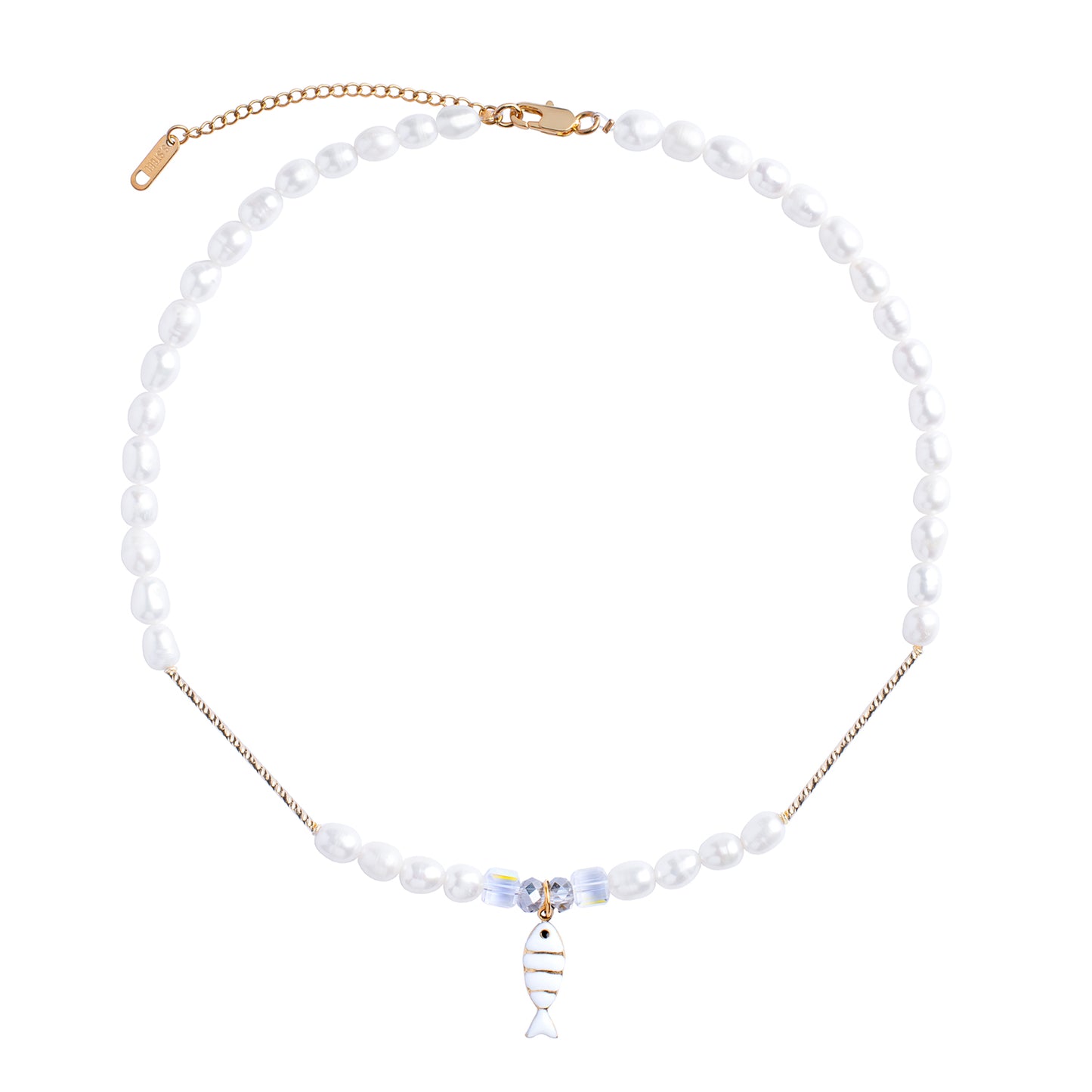 Freshwater Pearls Necklace With Sardine Lucky Fish Charm Austrian Glass Cubes And Metal Tubes