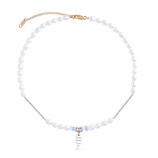 Freshwater Pearls Necklace With Sardine Lucky Fish Charm Austrian Glass Cubes And Metal Tubes