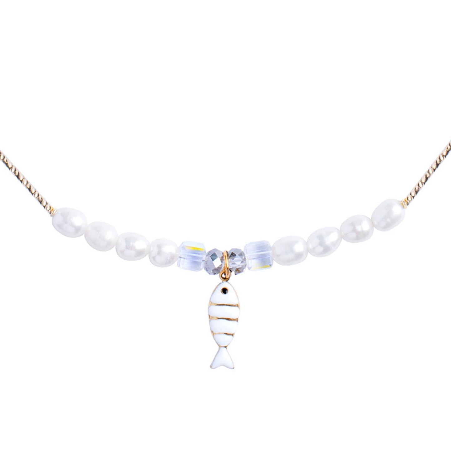 Freshwater Pearls Necklace With Sardine Lucky Fish Charm Austrian Glass Cubes And Metal Tubes