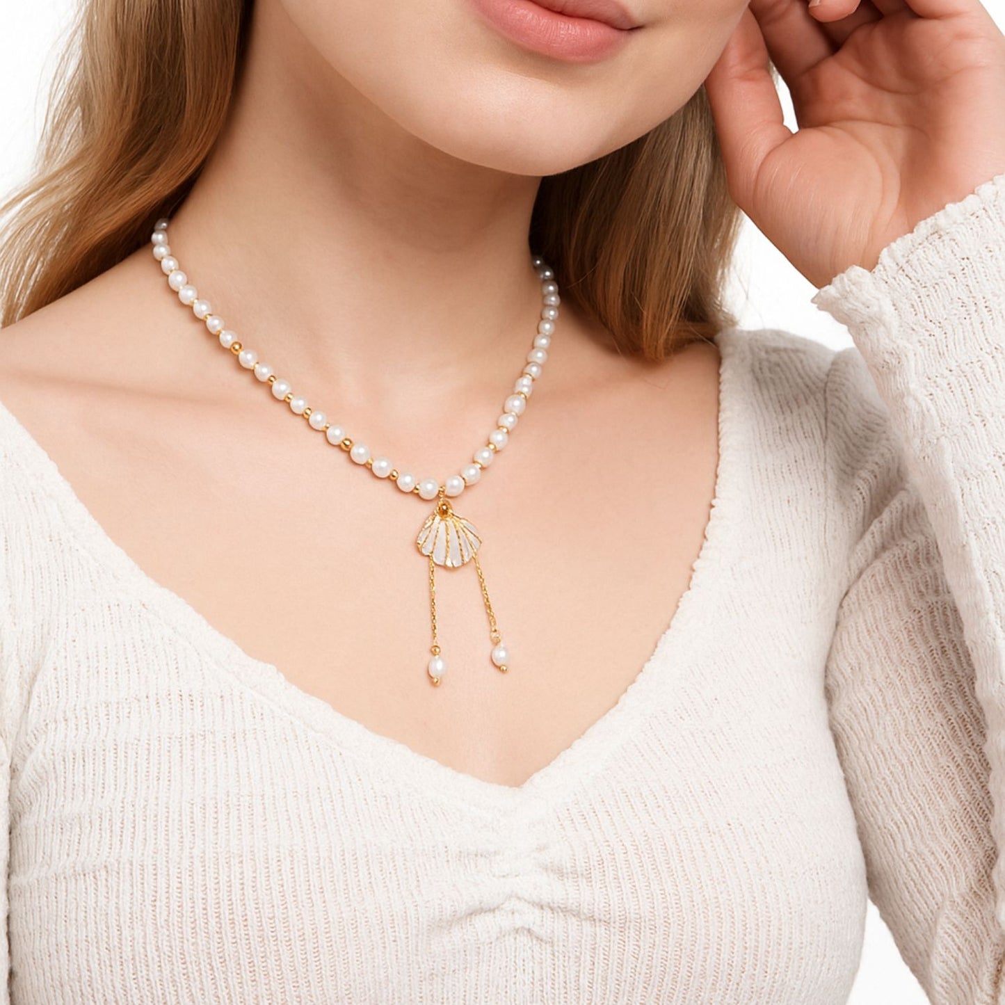 Freshwater Pearls Necklace with Natural Seashell and Hanging Chain Charms