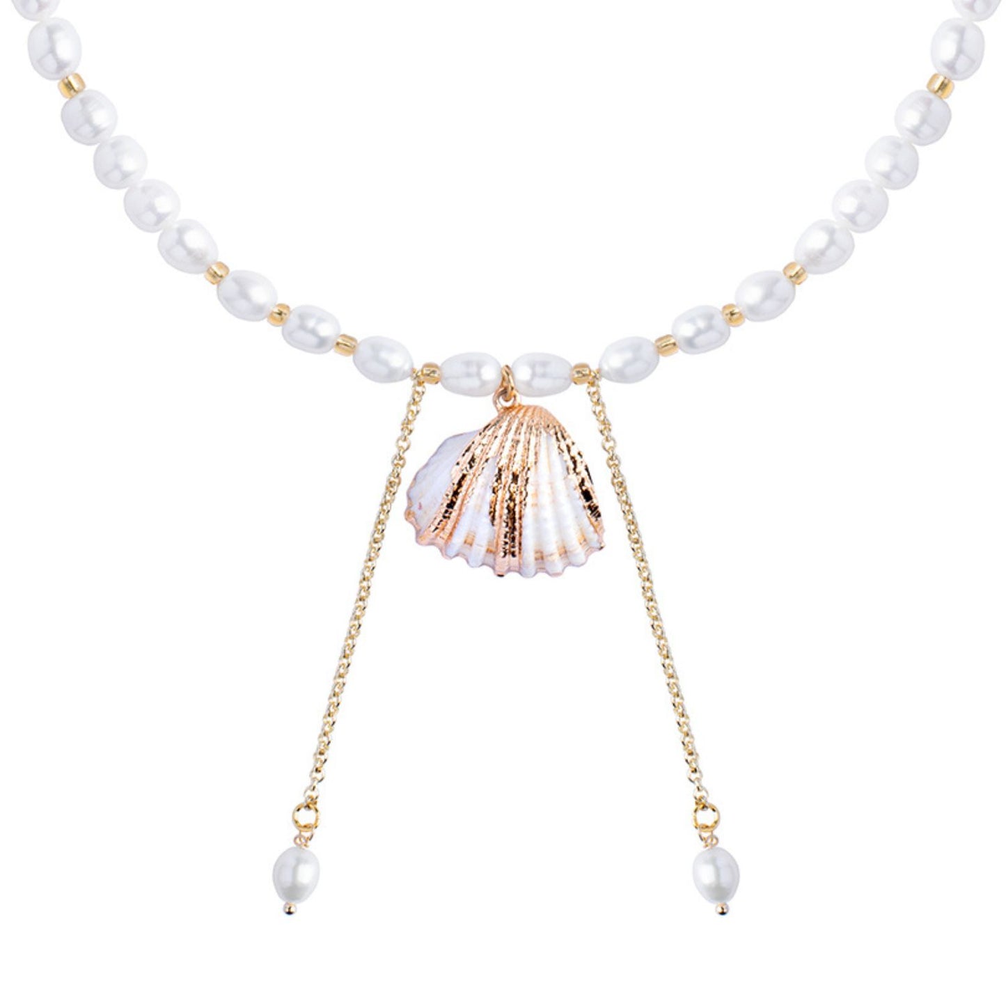 Freshwater Pearls Necklace with Natural Seashell and Hanging Chain Charms
