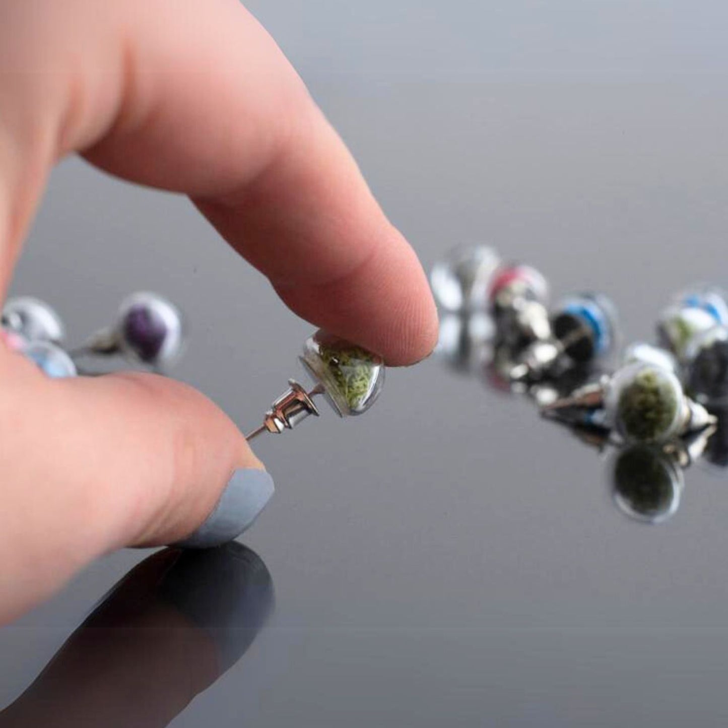 Stud Earrings With Sky Blue Moss