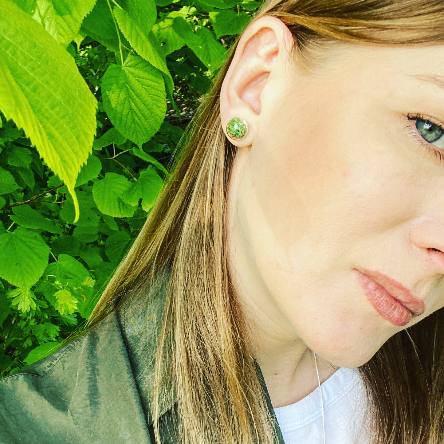 Stud Earrings With Natural Green Moss