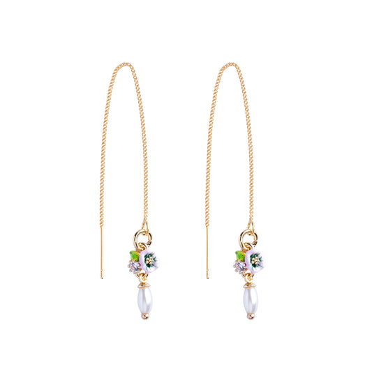 Delicate Pull-Through Dangling Earrings Pink Flowers Charms And Pearls