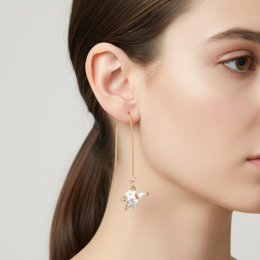 Treaders Earrings With Delicate White Flower And Pearls