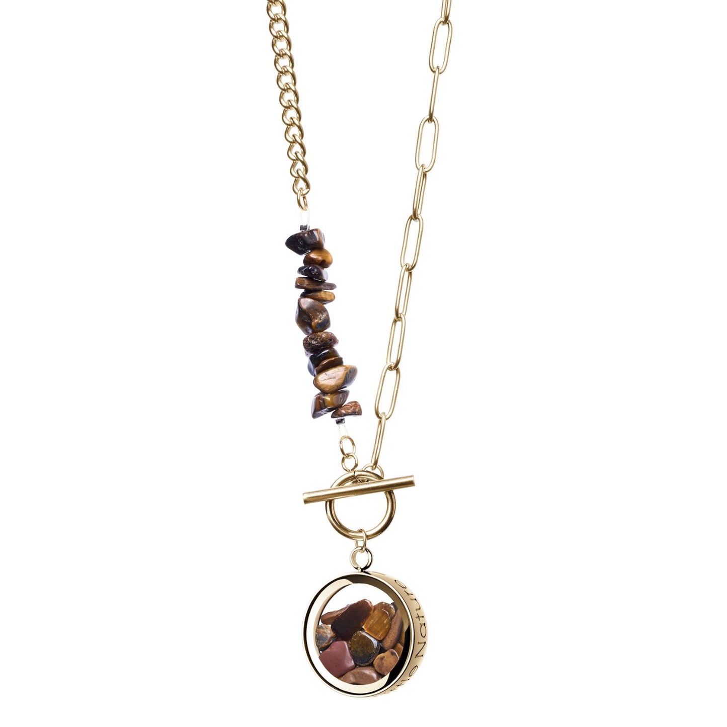 Toggle Clasp Tiger Eye Gold Plated Necklace With Beaded Chain And Charm