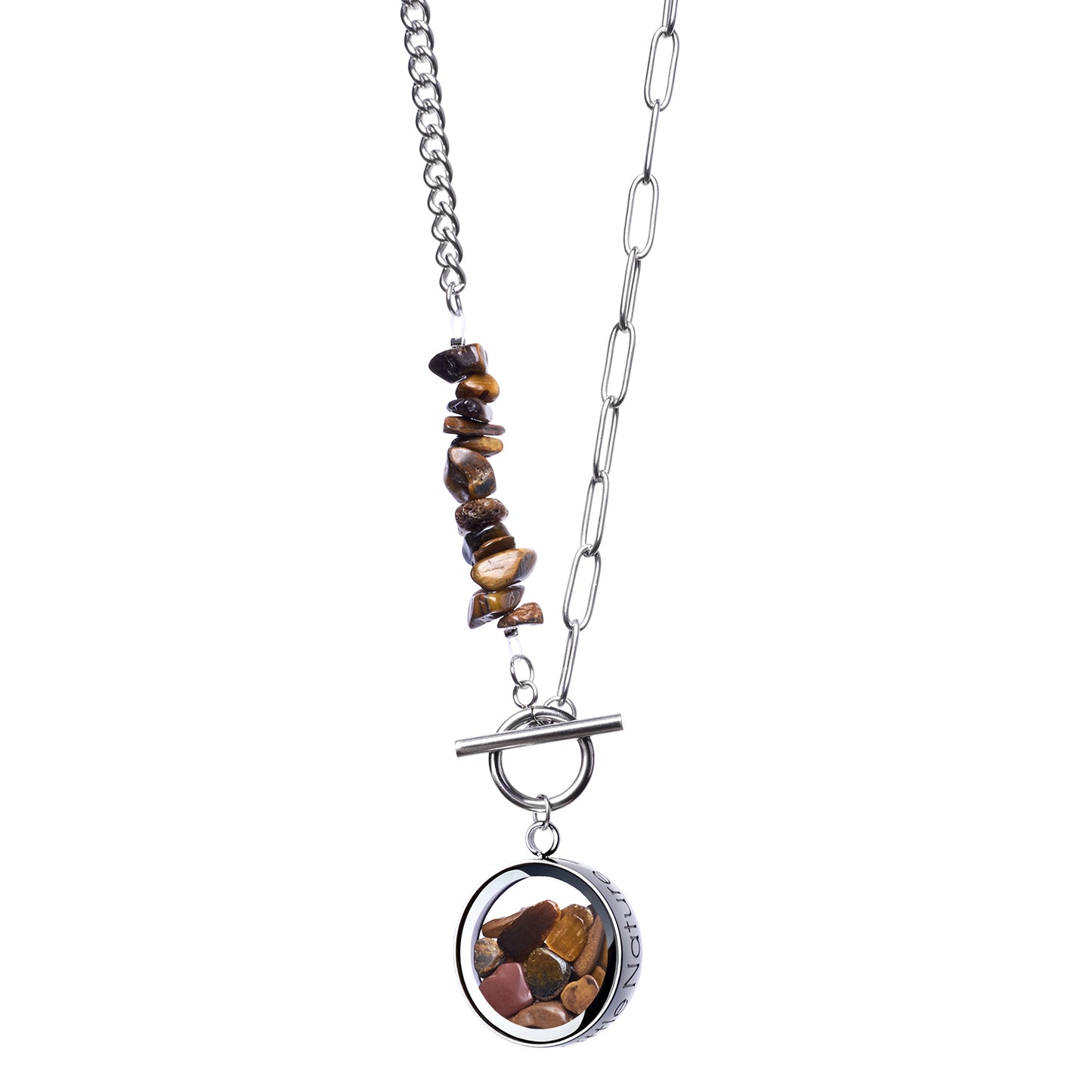 Toggle Clasp Tiger's Eye Necklace With Beaded Chain And Charm