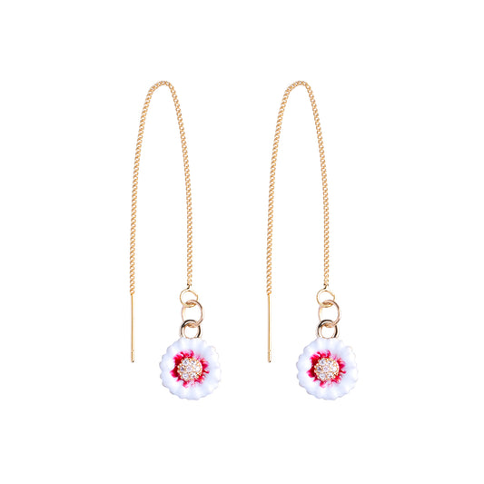 Delicate Pull-Through Dangling Earrings With White Flower