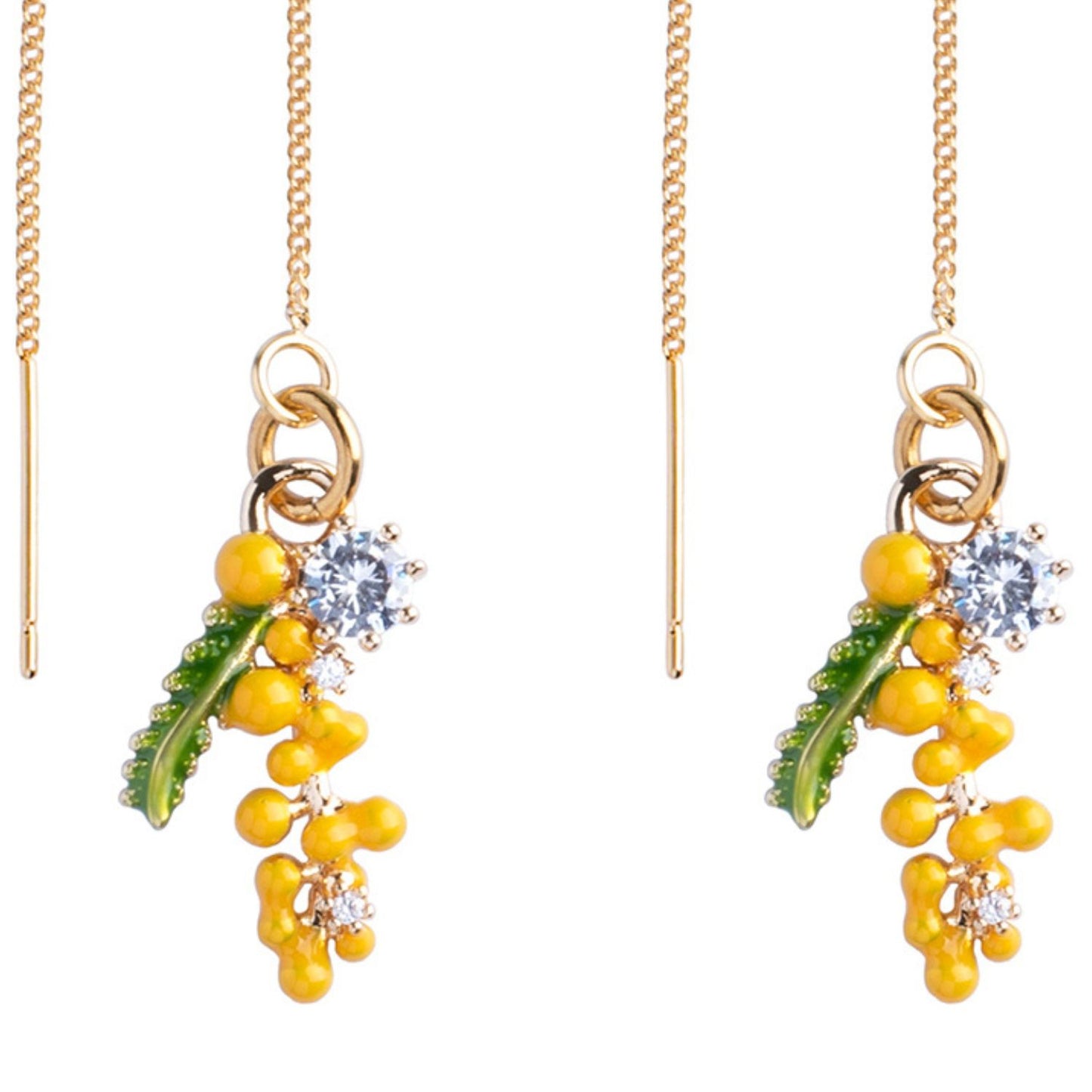 Perveriami auskarai su grandinėle ir geltonomis gėlėmis